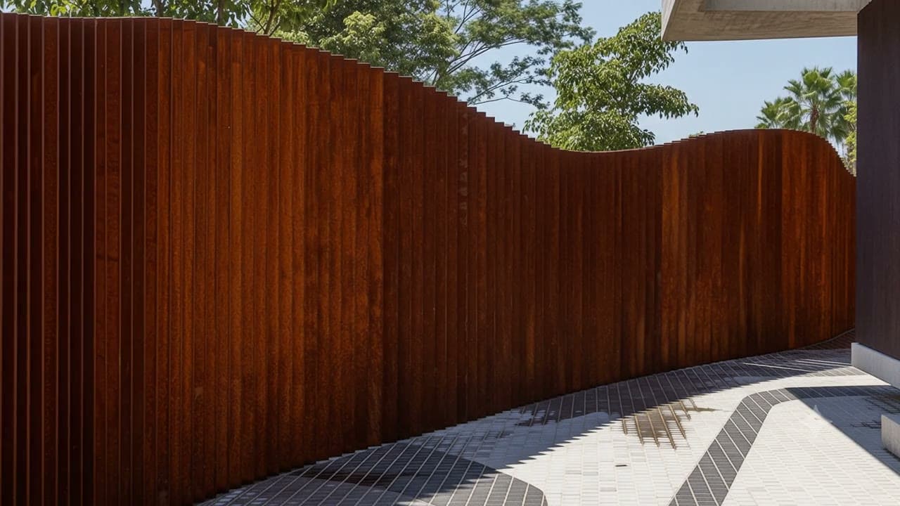 Muro escultórico em aço corten de ripas curvas ao entardecer, obra da Alupoli